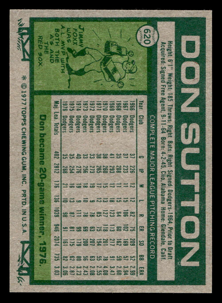 1977 Topps #620 Don Sutton Near Mint+  ID: 518376