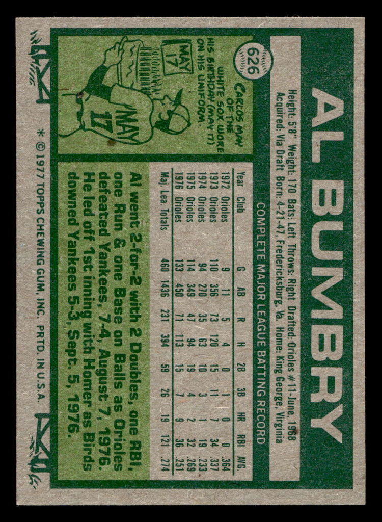 1977 Topps #626 Al Bumbry Near Mint+  ID: 518402