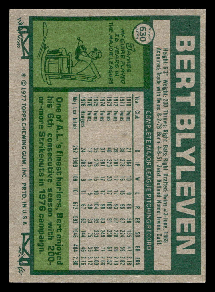 1977 Topps #630 Bert Blyleven Near Mint  ID: 518417