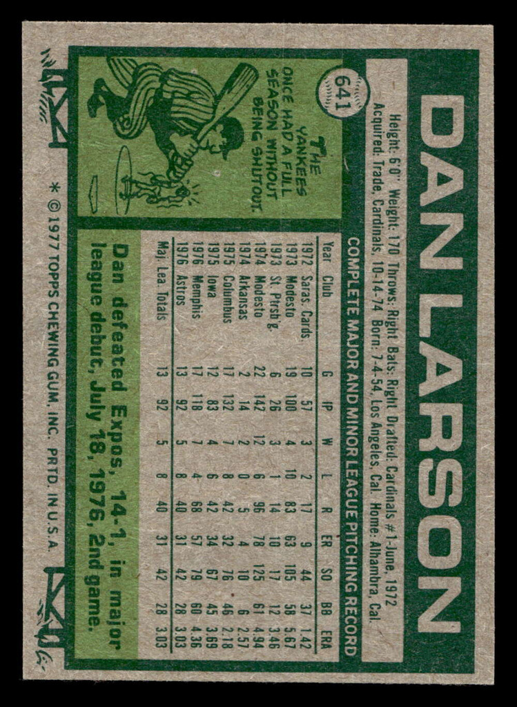 1977 Topps #641 Dan Larson Near Mint RC Rookie  ID: 518458