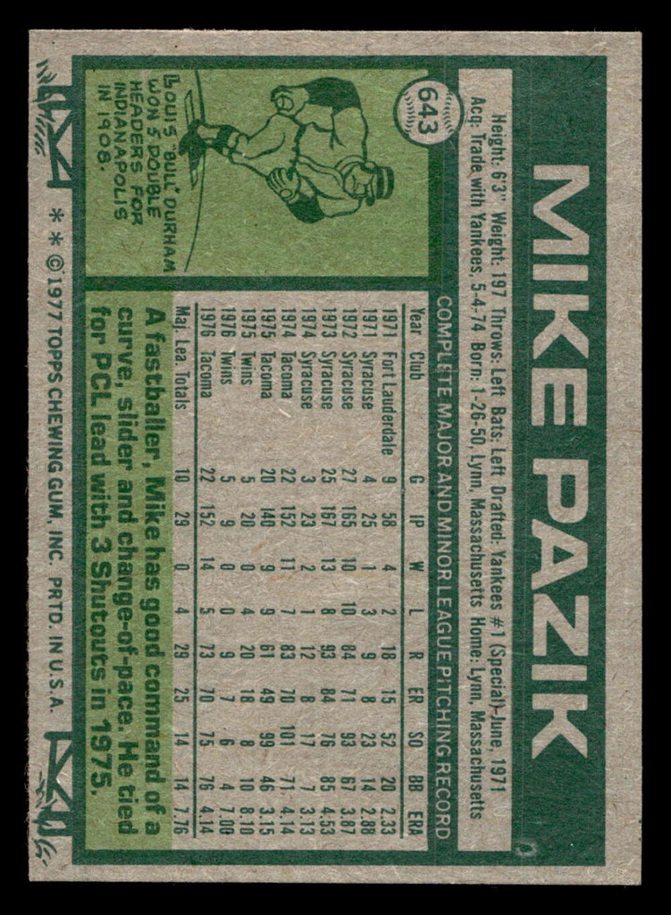 1977 Topps #643 Mike Pazik Near Mint+ 