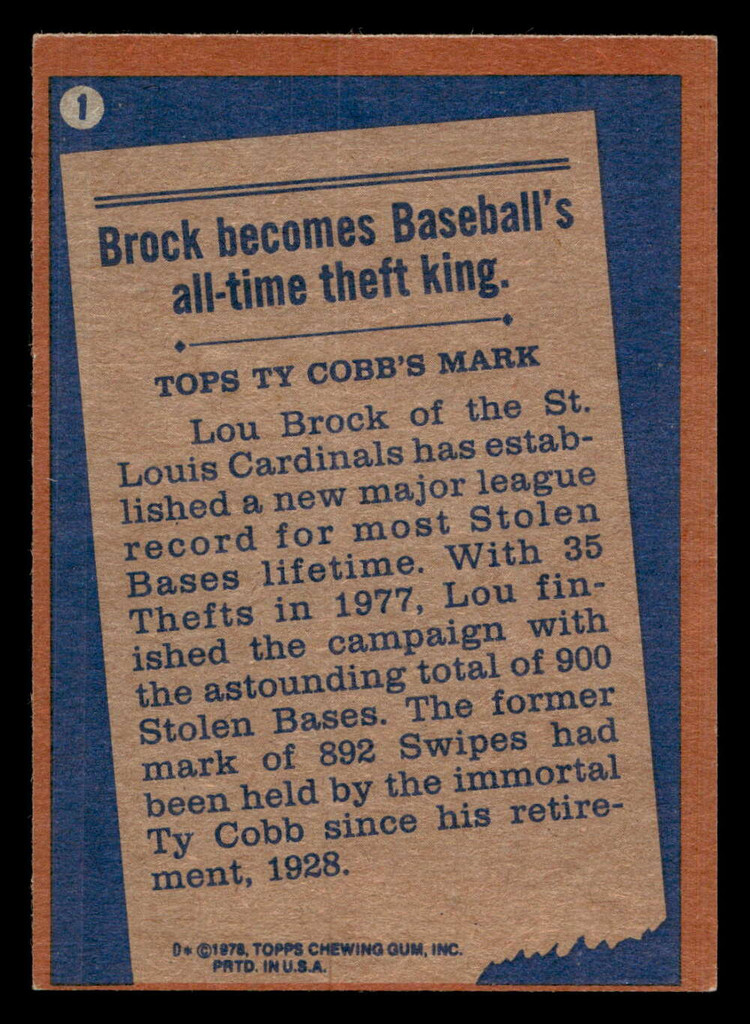 1978 Topps #1 Lou Brock RB Ex-Mint 