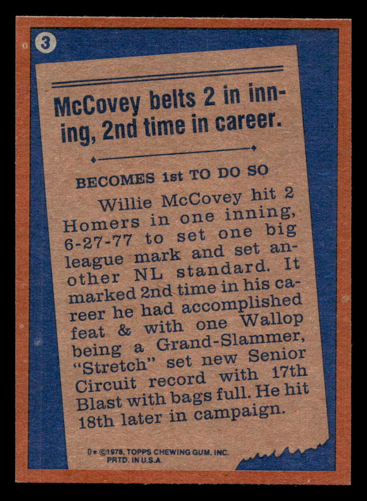 1978 Topps #3 Willie McCovey RB Near Mint+  ID: 518541