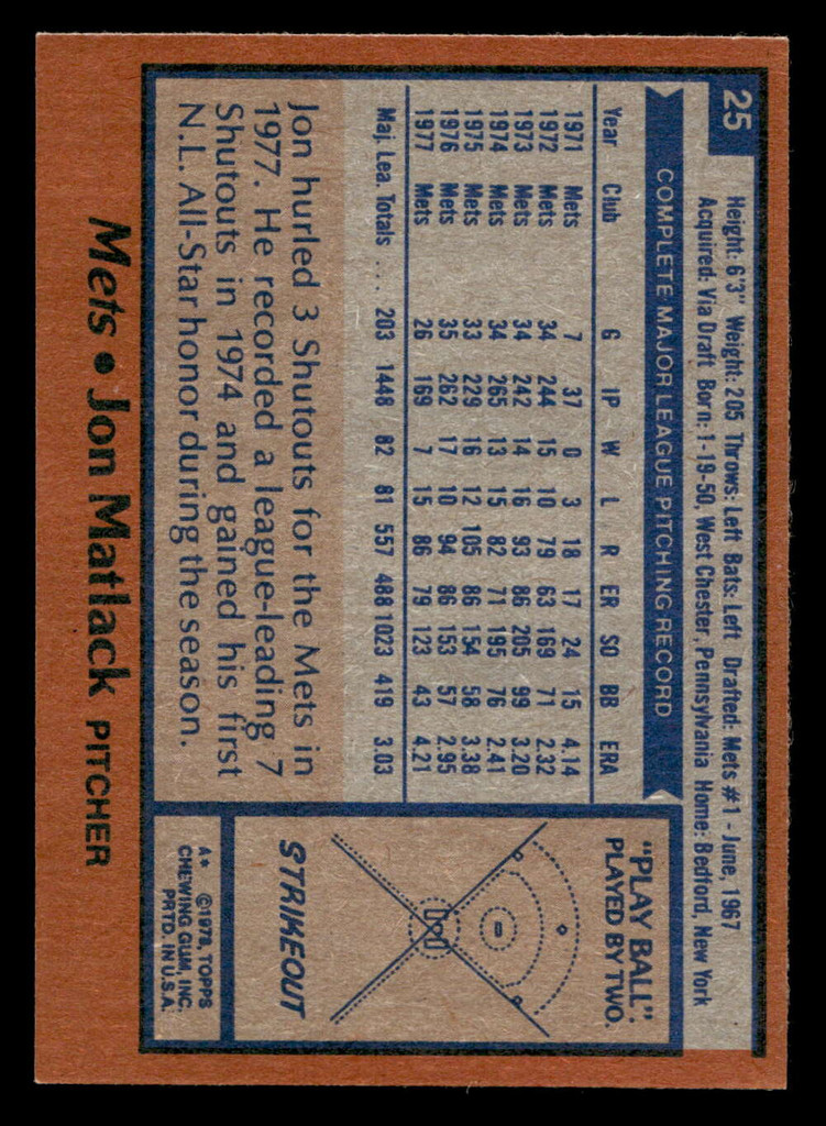 1978 Topps #25 Jon Matlack Near Mint  ID: 518628