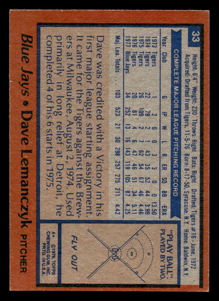1978 Topps #33 Dave Lemanczyk Ex-Mint  ID: 518661