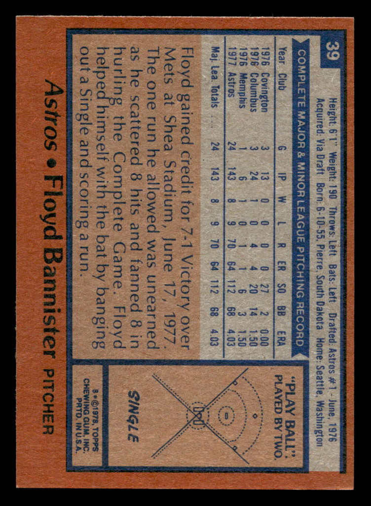 1978 Topps #39 Floyd Bannister Near Mint RC Rookie  ID: 518682