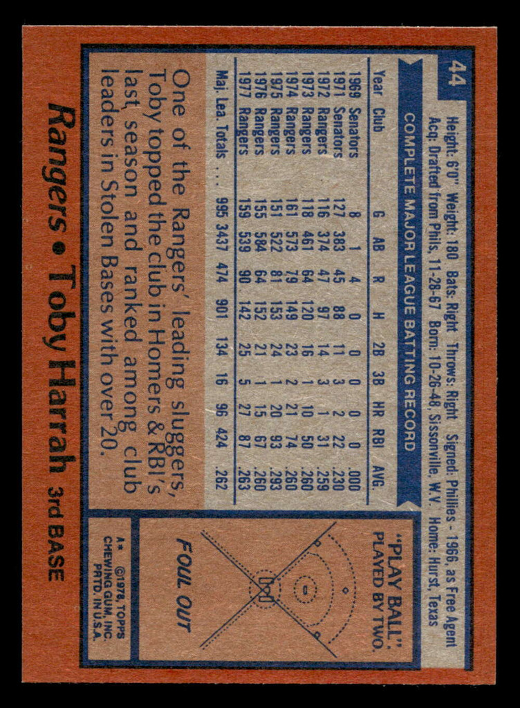 1978 Topps #44 Toby Harrah Near Mint  ID: 518702