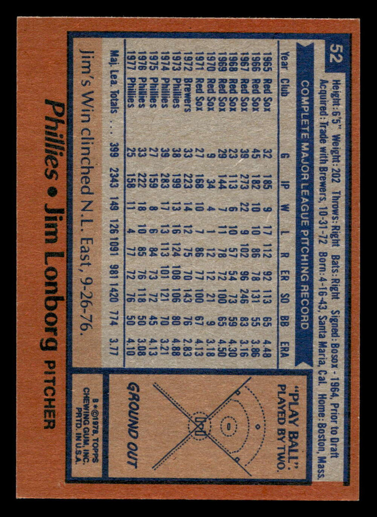 1978 Topps #52 Jim Lonborg Ex-Mint  ID: 518735