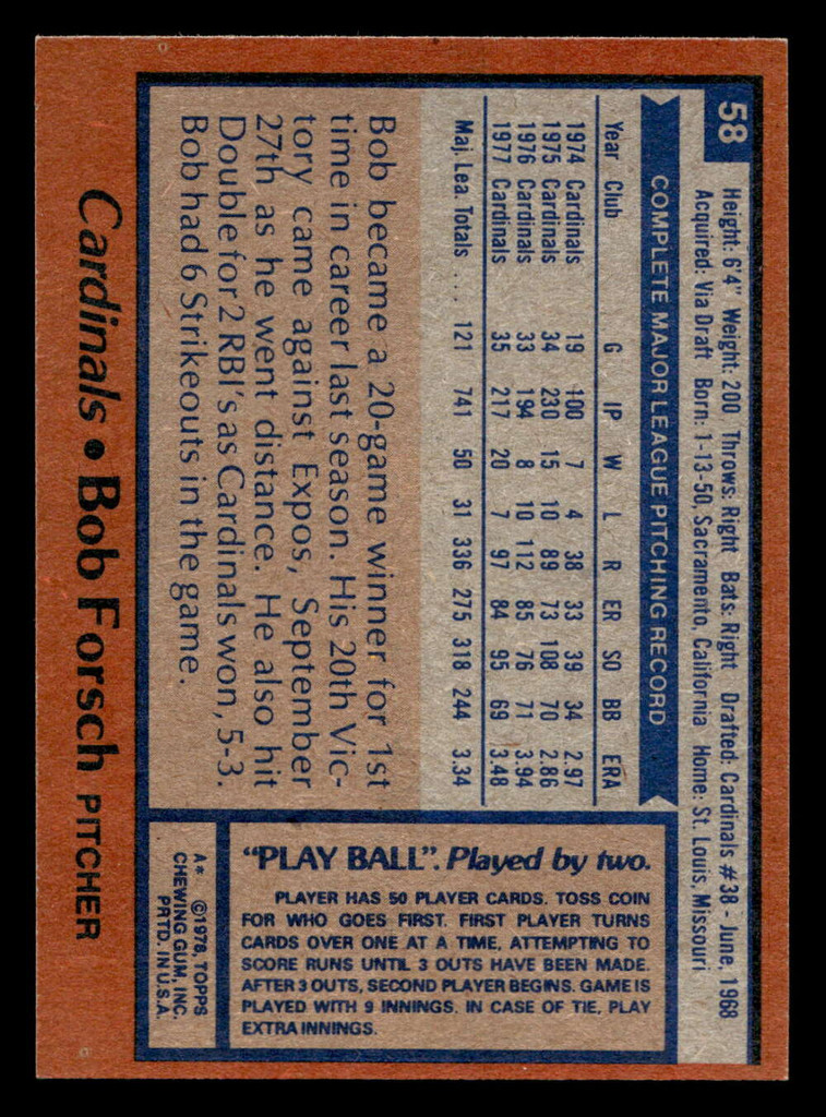 1978 Topps #58 Bob Forsch Ex-Mint 