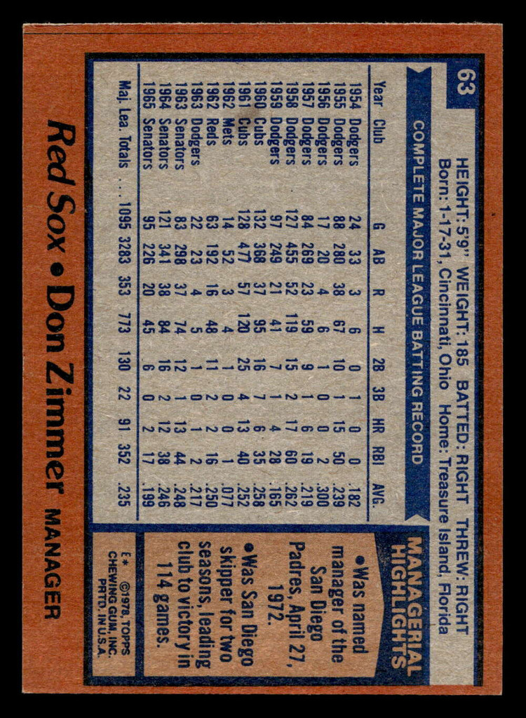 1978 Topps #63 Don Zimmer MG Ex-Mint  ID: 518777