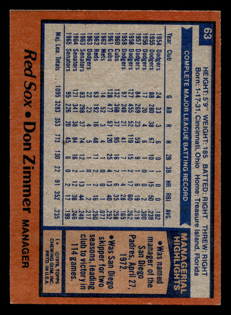1978 Topps #63 Don Zimmer MG Near Mint  ID: 518778