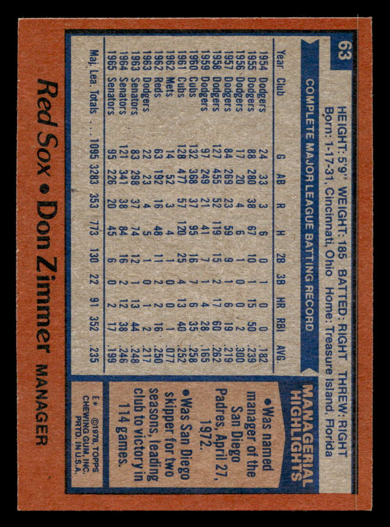 1978 Topps #63 Don Zimmer MG Near Mint  ID: 518779