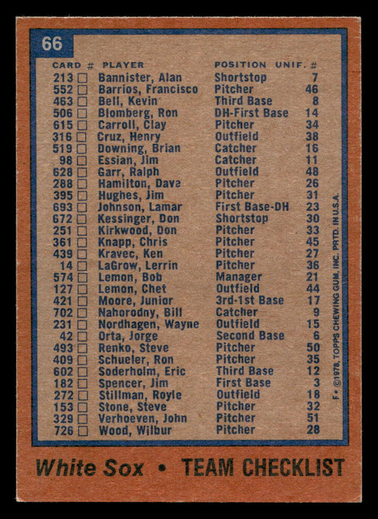 1978 Topps #66 White Sox Team Ex-Mint  ID: 518792