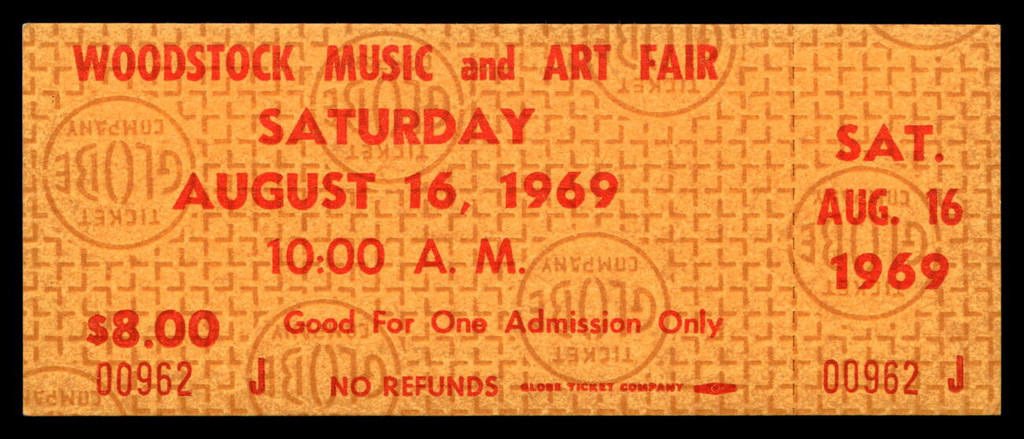 Woodstock Music and Art Fair Saturday UNUSED Ticket 8-16-1969 Gold Authentic *62