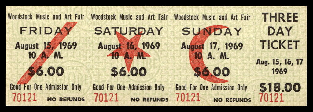 Woodstock Music and Art Fair UNUSED 3 Day $18 Ticket 8 15-17 1969 Authentic *21