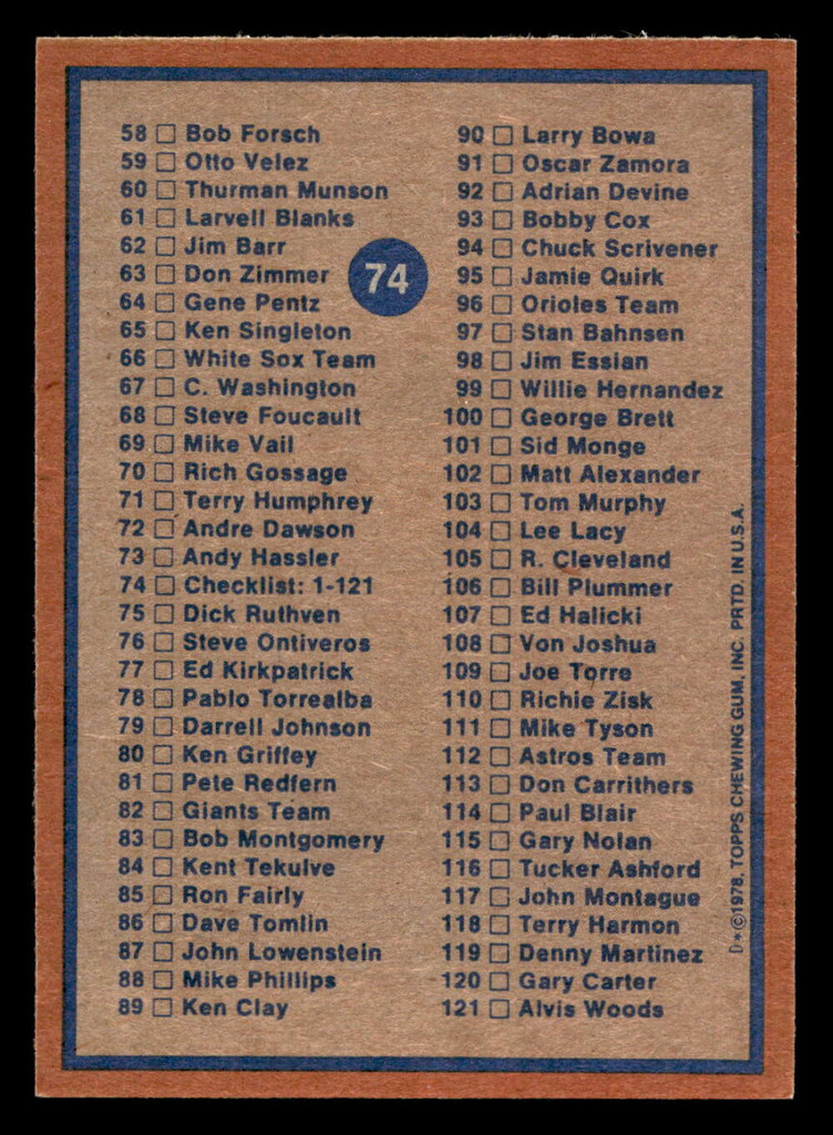 1978 Topps #74 Checklist 1-121 Near Mint+  ID: 518881