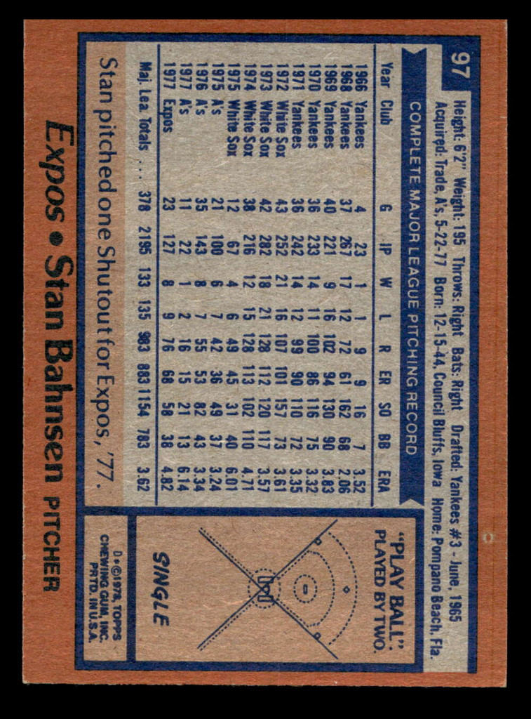 1978 Topps #97 Stan Bahnsen Near Mint  ID: 518977