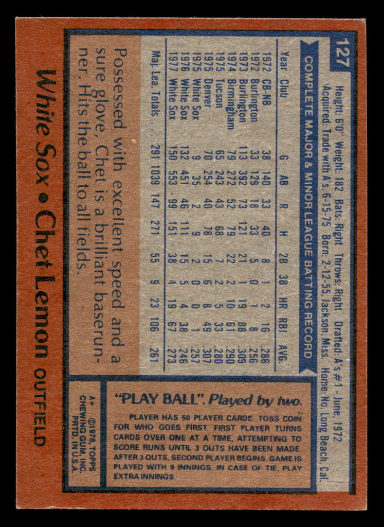 1978 Topps #127 Chet Lemon Near Mint  ID: 519098