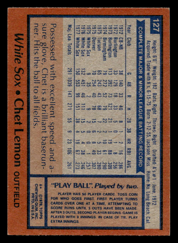 1978 Topps #127 Chet Lemon Near Mint  ID: 519100