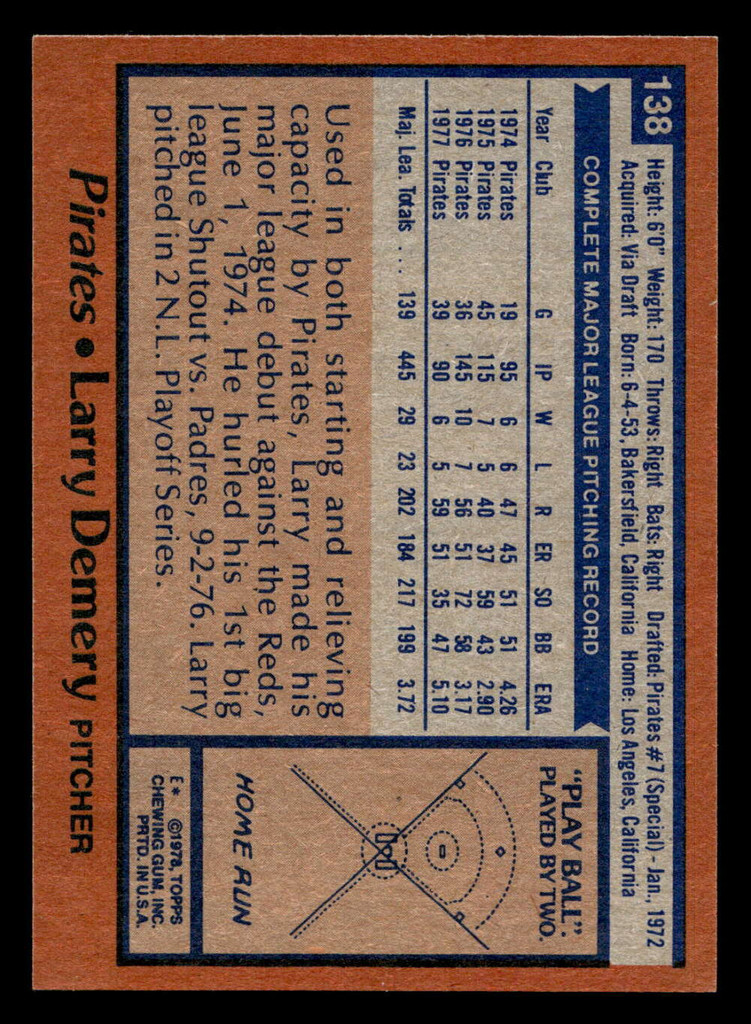 1978 Topps #138 Larry Demery Near Mint+  ID: 519142