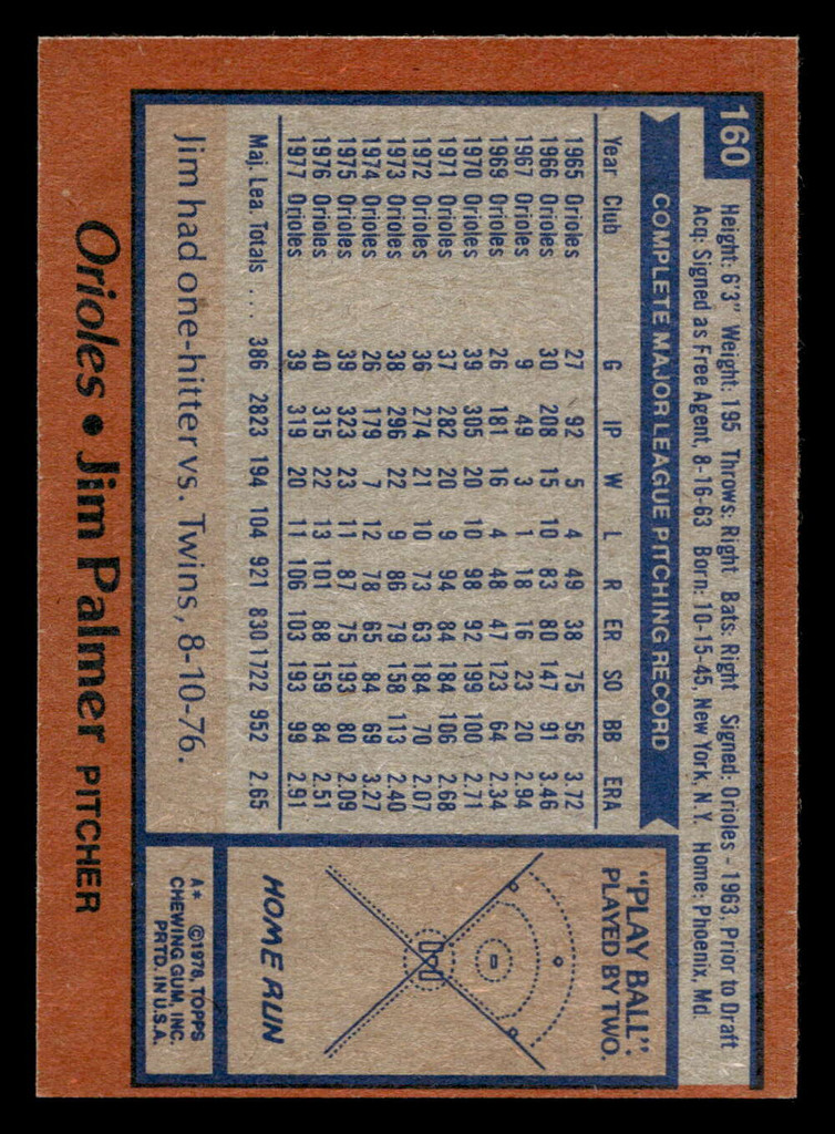 1978 Topps #160 Jim Palmer Near Mint  ID: 519231