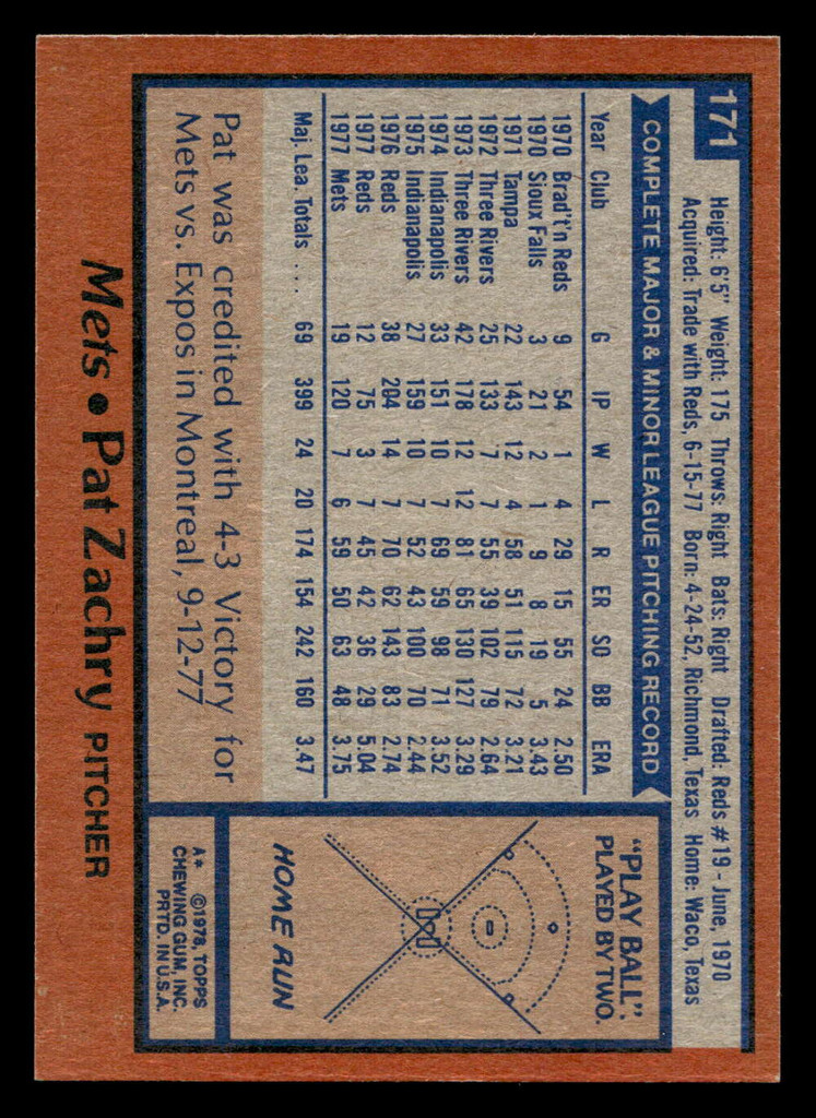 1978 Topps #171 Pat Zachry Near Mint 