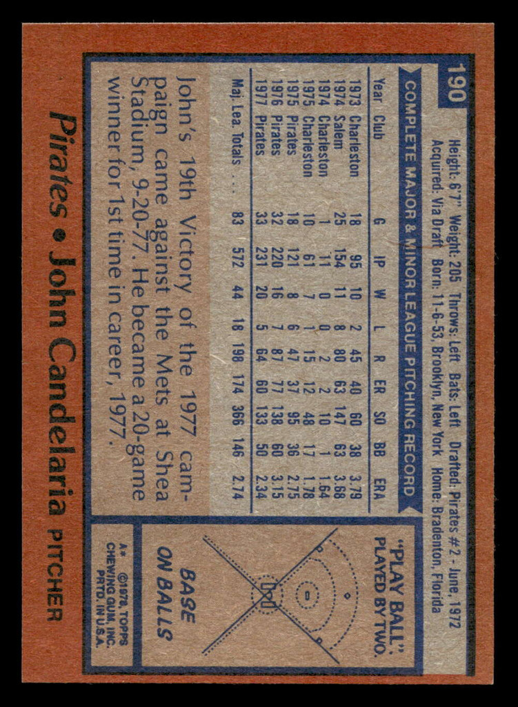 1978 Topps #190 John Candelaria Near Mint  ID: 519347