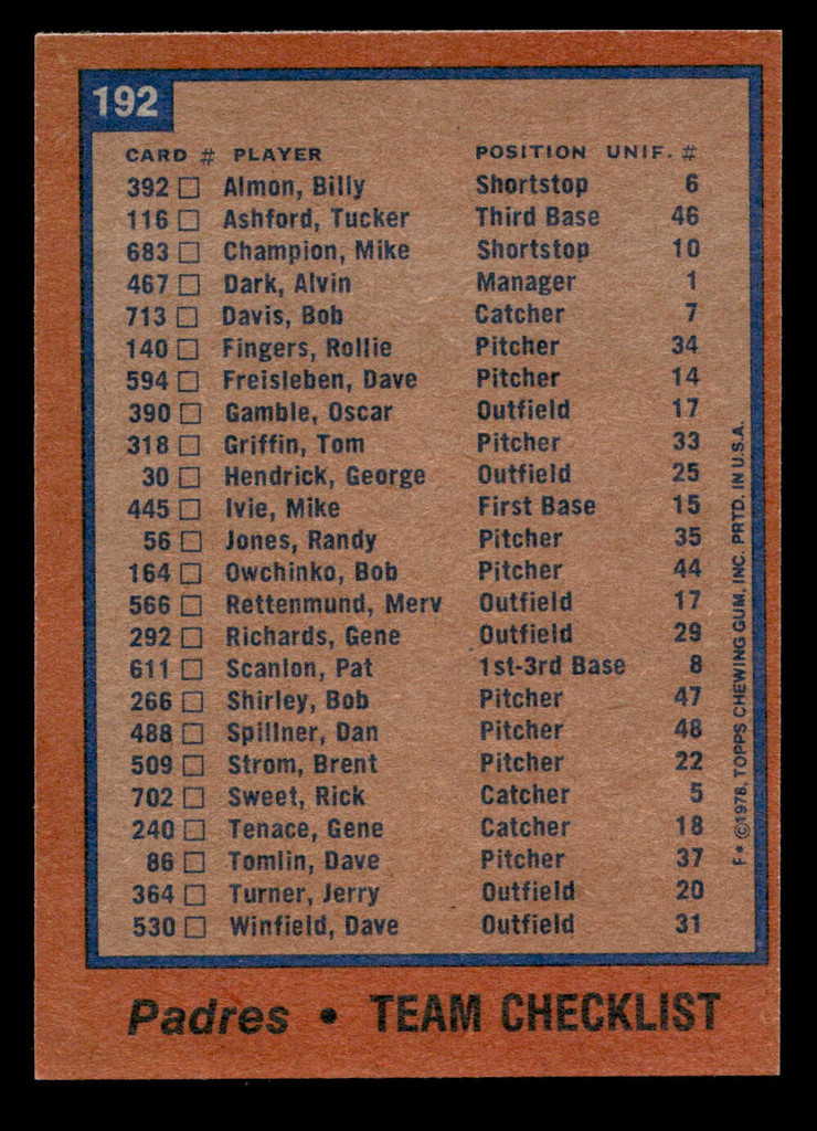1978 Topps #192 Padres Team Ex-Mint  ID: 519357