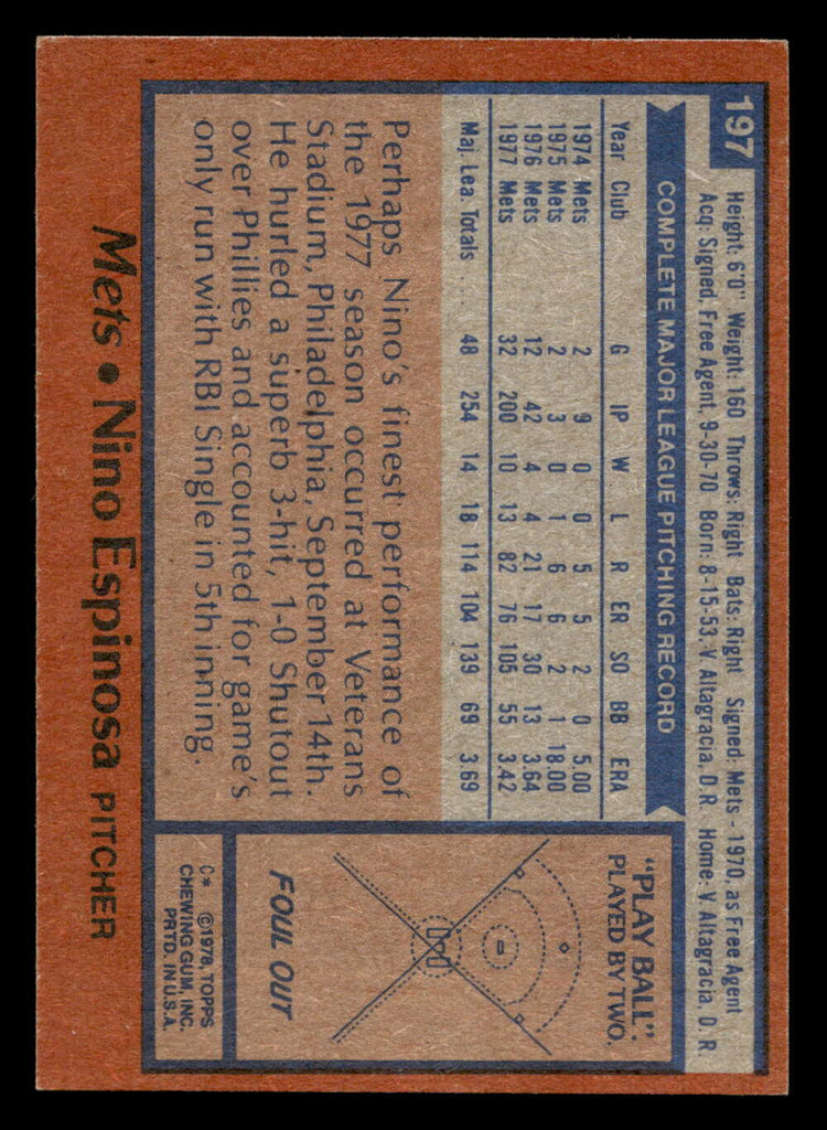 1978 Topps #197 Nino Espinosa Ex-Mint 