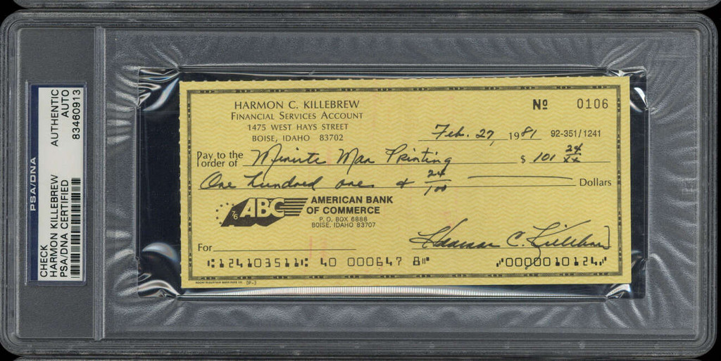 Harmon Killebrew Check Signed Auto PSA/DNA Slab Twins 106