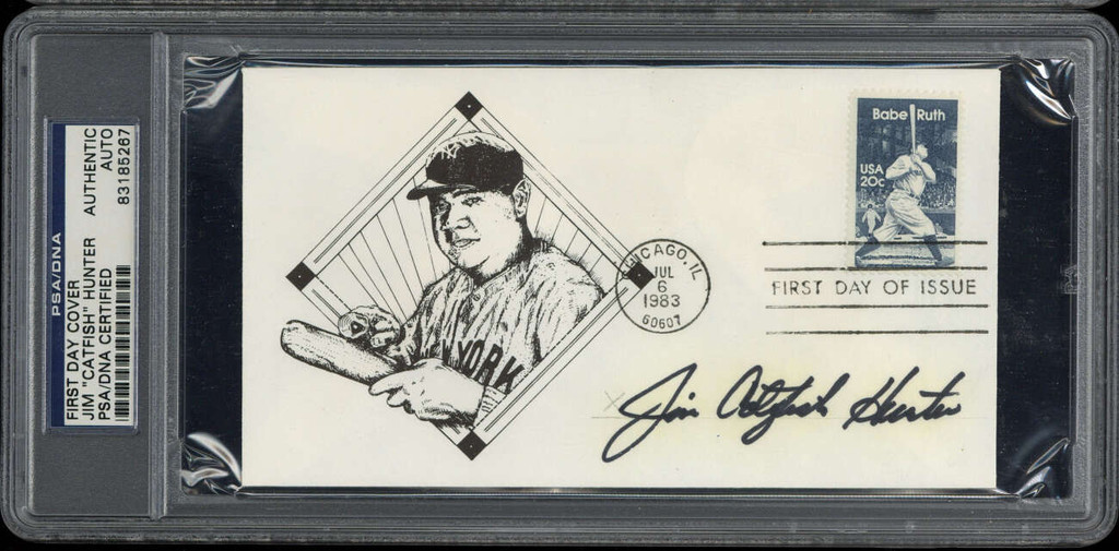 Jim Catfish Hunter First Day Cover FDC Signed Auto PSA/DNA Slab Yankees Babe Ruth Stamp