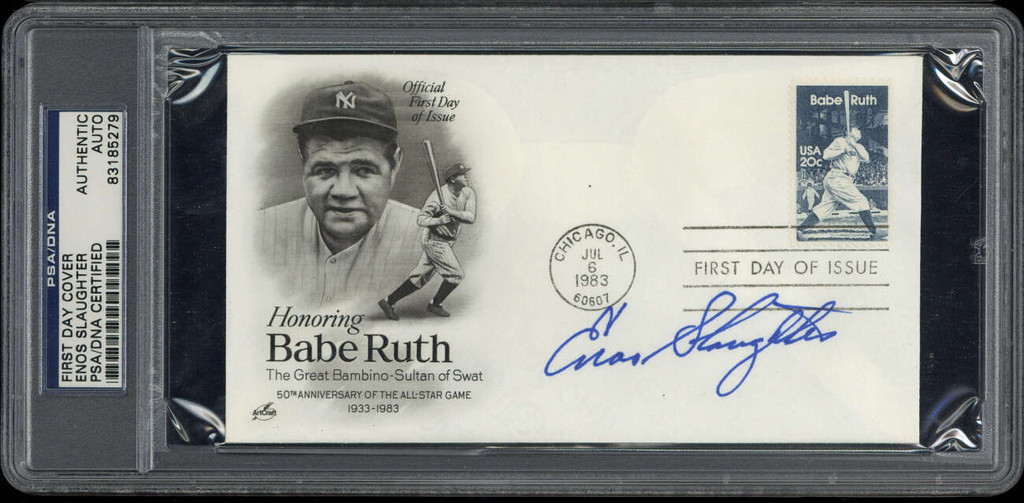 Enos Slaughter First Day Cover FDC Signed Auto PSA/DNA Slab Cardinals Babe Ruth Stamp