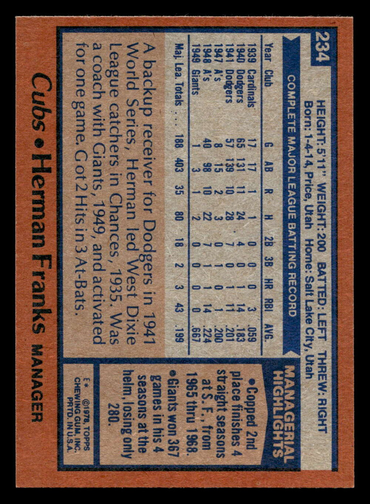 1978 Topps #234 Herman Franks MG Near Mint  ID: 519596