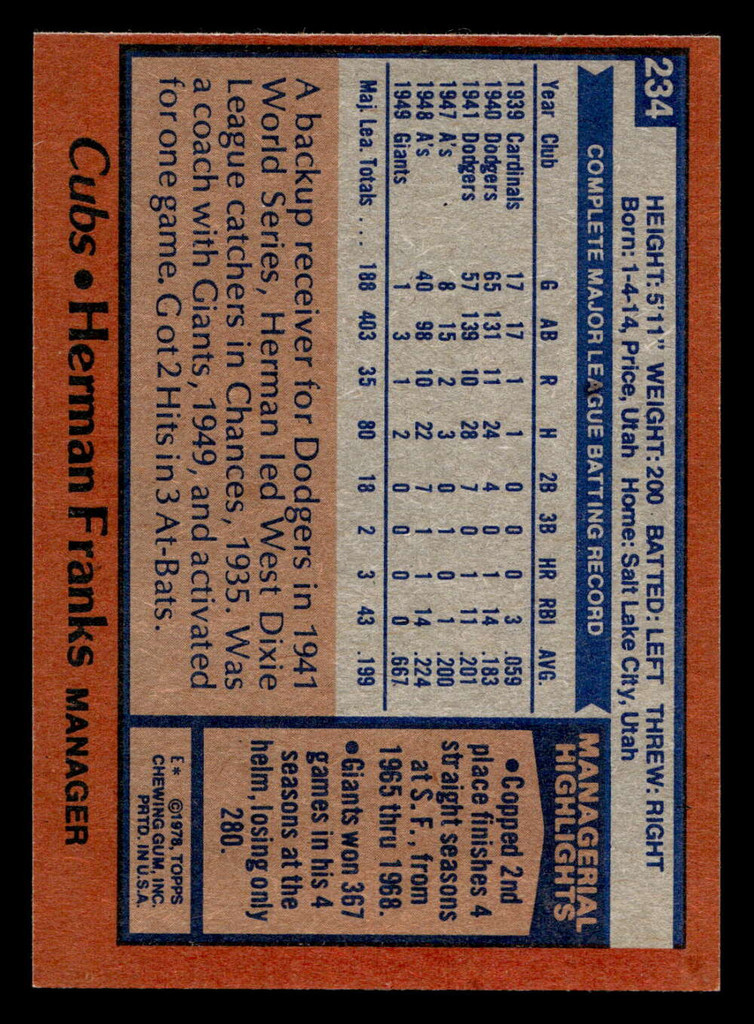 1978 Topps #234 Herman Franks MG Near Mint  ID: 519597