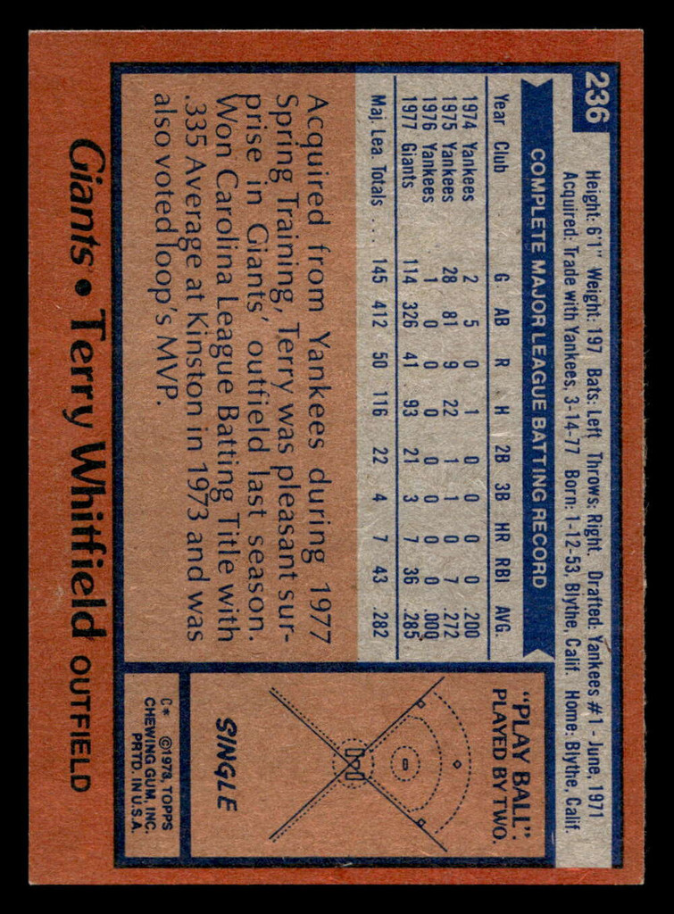 1978 Topps #236 Terry Whitfield Near Mint  ID: 519603