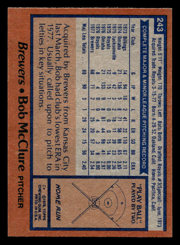 1978 Topps #243 Bob McClure Near Mint+  ID: 519631