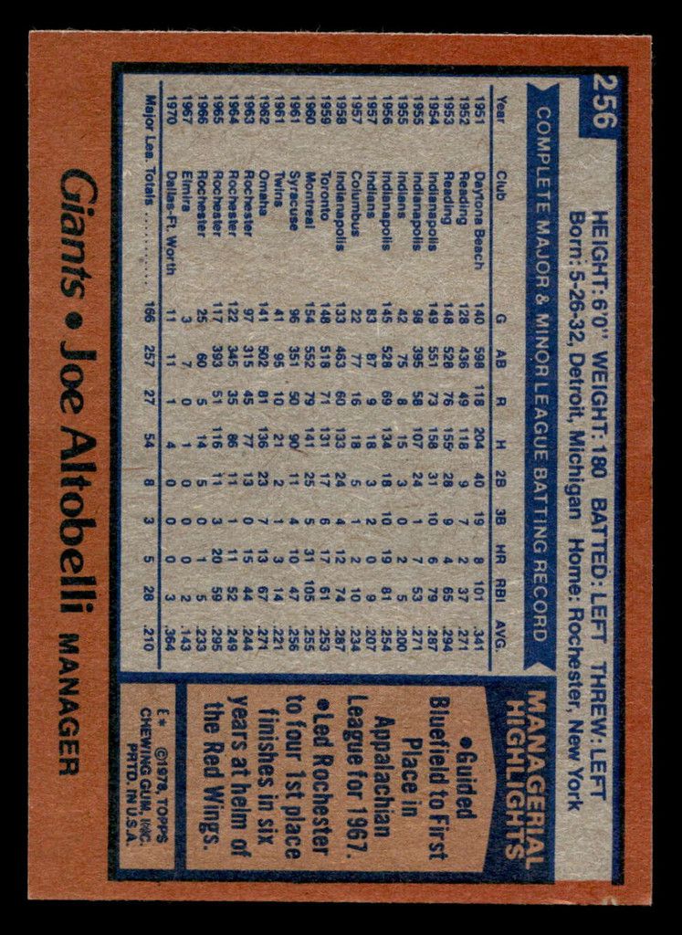 1978 Topps #256 Joe Altobelli/ Ex-Mint RC Rookie 