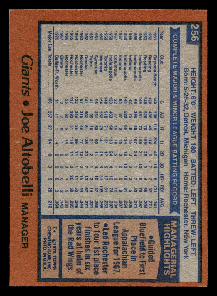 1978 Topps #256 Joe Altobelli/ Near Mint RC Rookie  ID: 519687