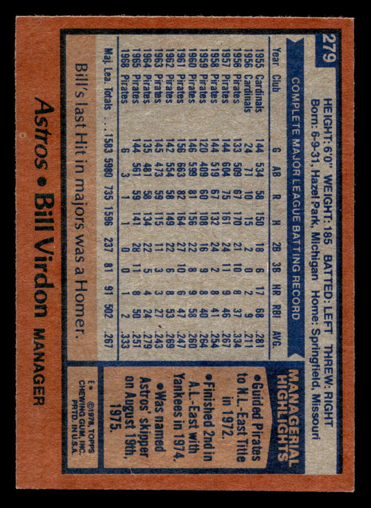 1978 Topps #279 Bill Virdon MG Ex-Mint  ID: 519777