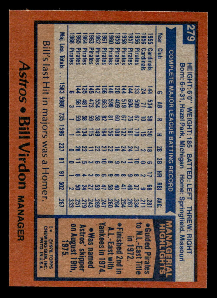 1978 Topps #279 Bill Virdon MG Ex-Mint  ID: 519780