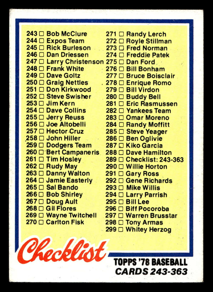 1978 Topps #289 Checklist 243-363 Ex-Mint 