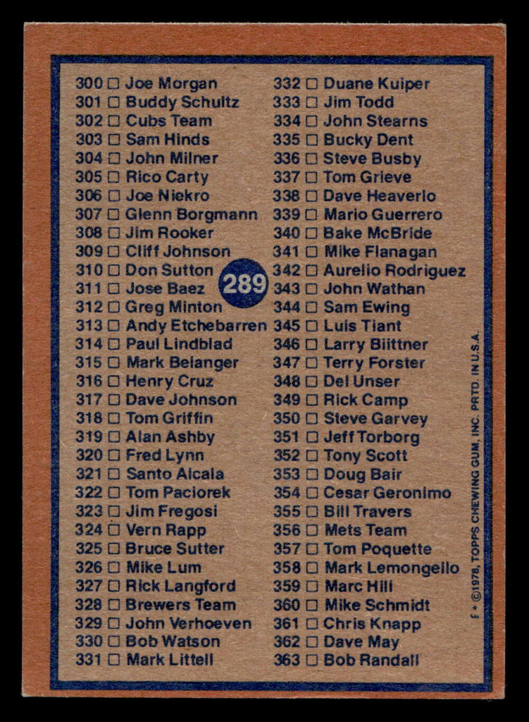1978 Topps #289 Checklist 243-363 Ex-Mint 