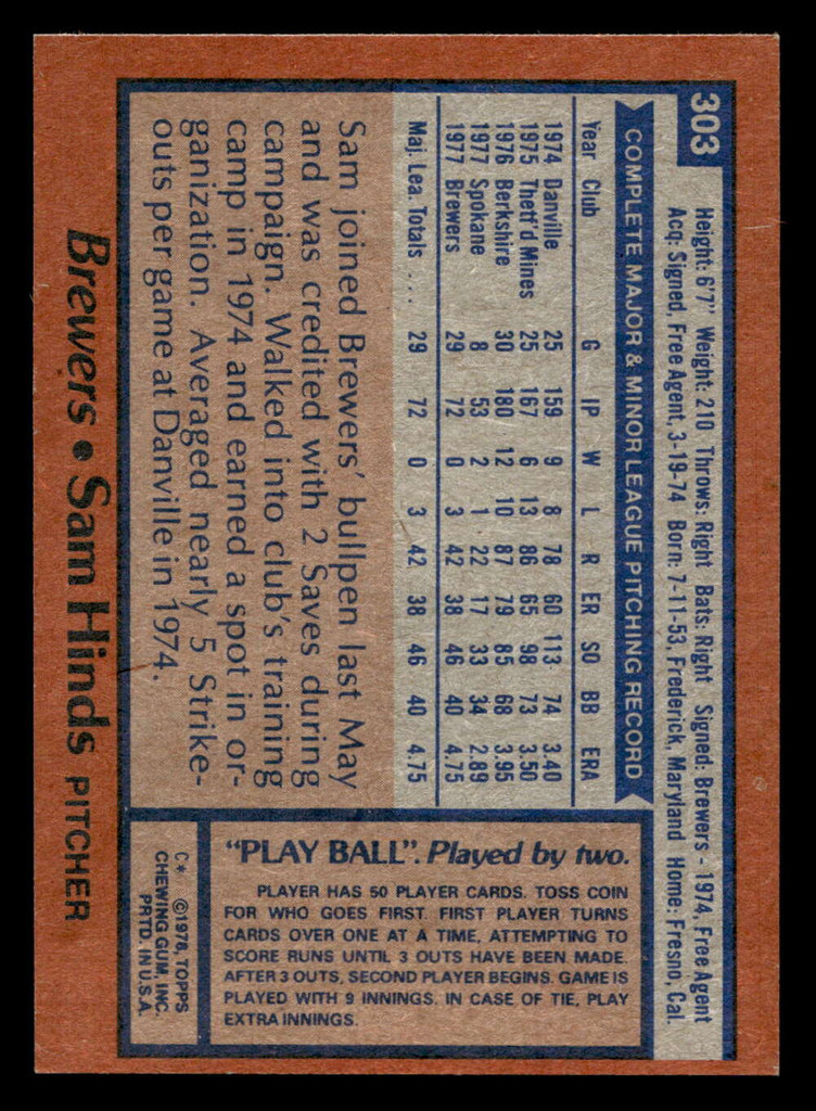 1978 Topps #303 Sam Hinds Near Mint RC Rookie  ID: 519876