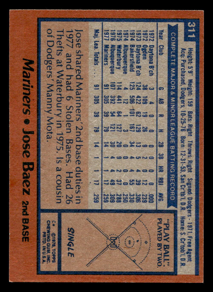 1978 Topps #311 Jose Baez DP Ex-Mint RC Rookie  ID: 519909