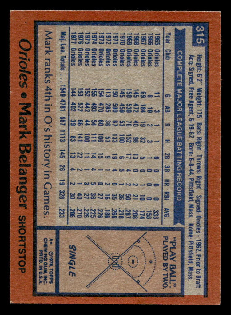 1978 Topps #315 Mark Belanger Ex-Mint 