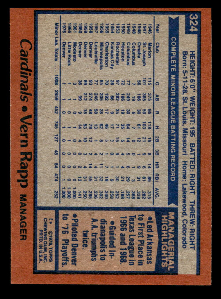1978 Topps #324 Vern Rapp/ Near Mint RC Rookie  ID: 519959