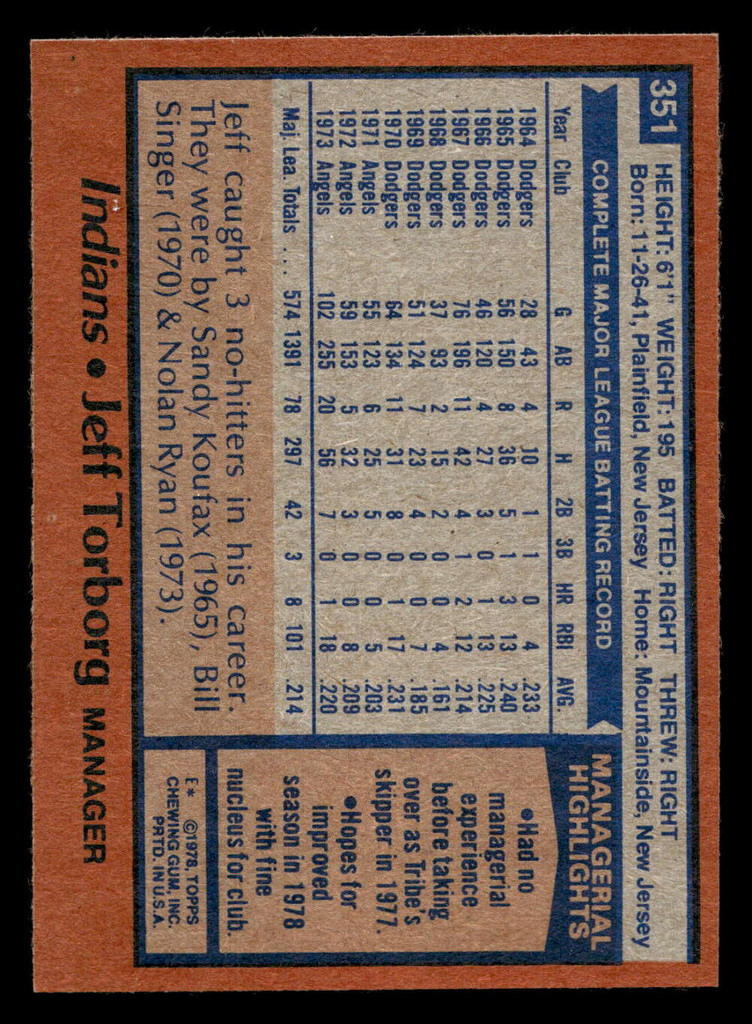1978 Topps #351 Jeff Torborg MG Ex-Mint 