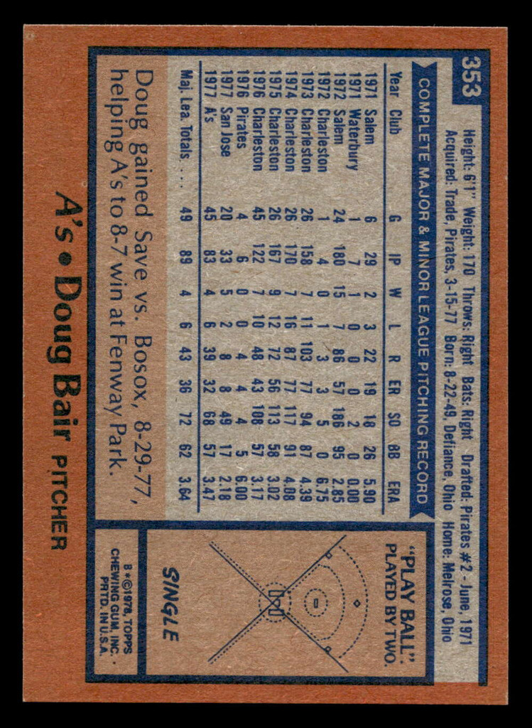 1978 Topps #353 Doug Bair Near Mint+ RC Rookie  ID: 520076