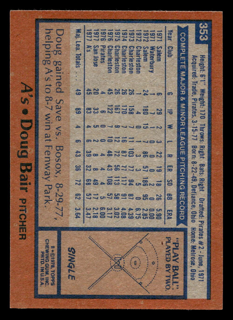 1978 Topps #353 Doug Bair Near Mint RC Rookie  ID: 520077