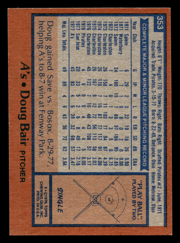 1978 Topps #353 Doug Bair Near Mint RC Rookie  ID: 520079